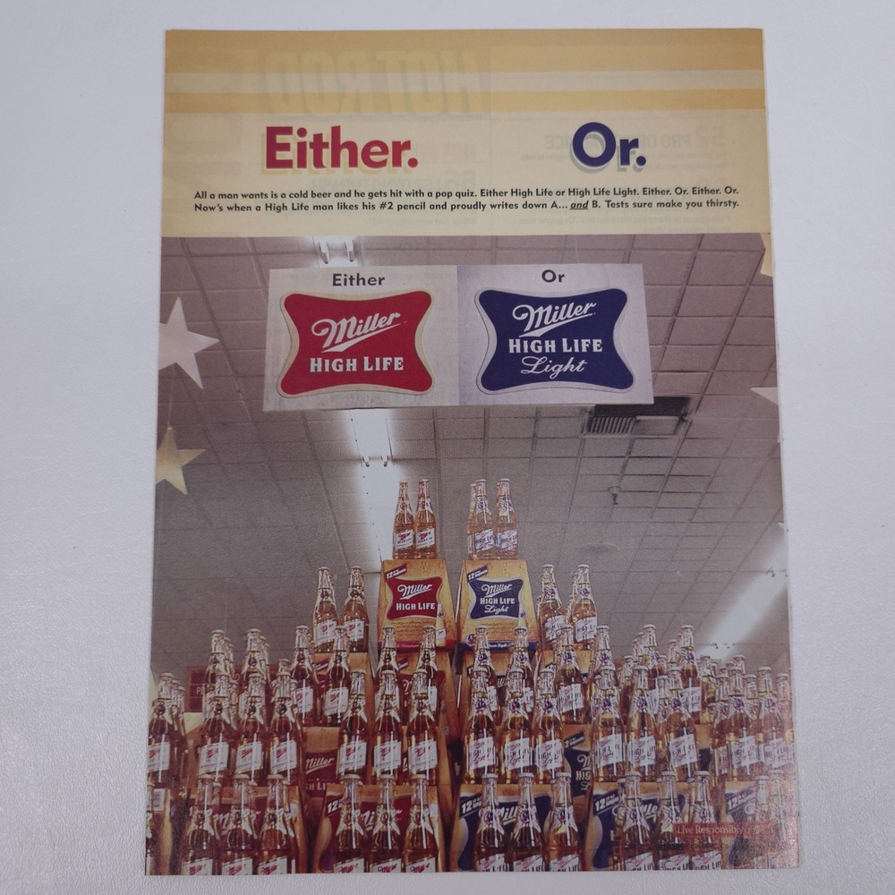 Miller High Life Either Or Print Ad Beer Bottle Display Grocery Store Decor